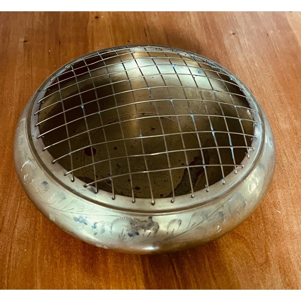 Vintage Etched Brass Flower Frog Bowl India Floral Engraved Gold Round Vase